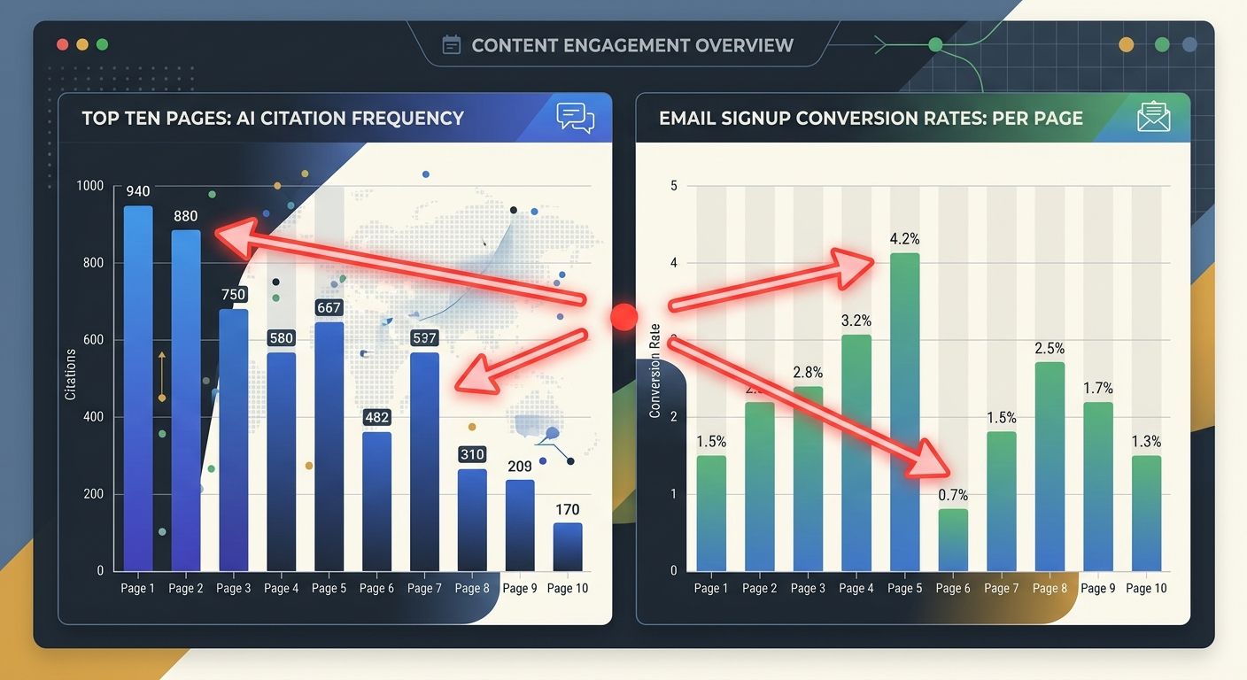 Dashboard mockup showing side-by-side panels where the left panel displays AI citation frequency for top ten content pages and the right panel shows email signup conversion rates for the same pages, w
