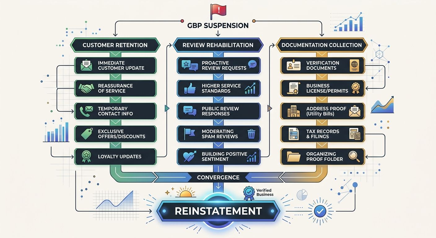 Flowchart showing three parallel email tracks during GBP suspension - customer retention, review rehabilitation, and documentation collection - converging at the reinstatement milestone