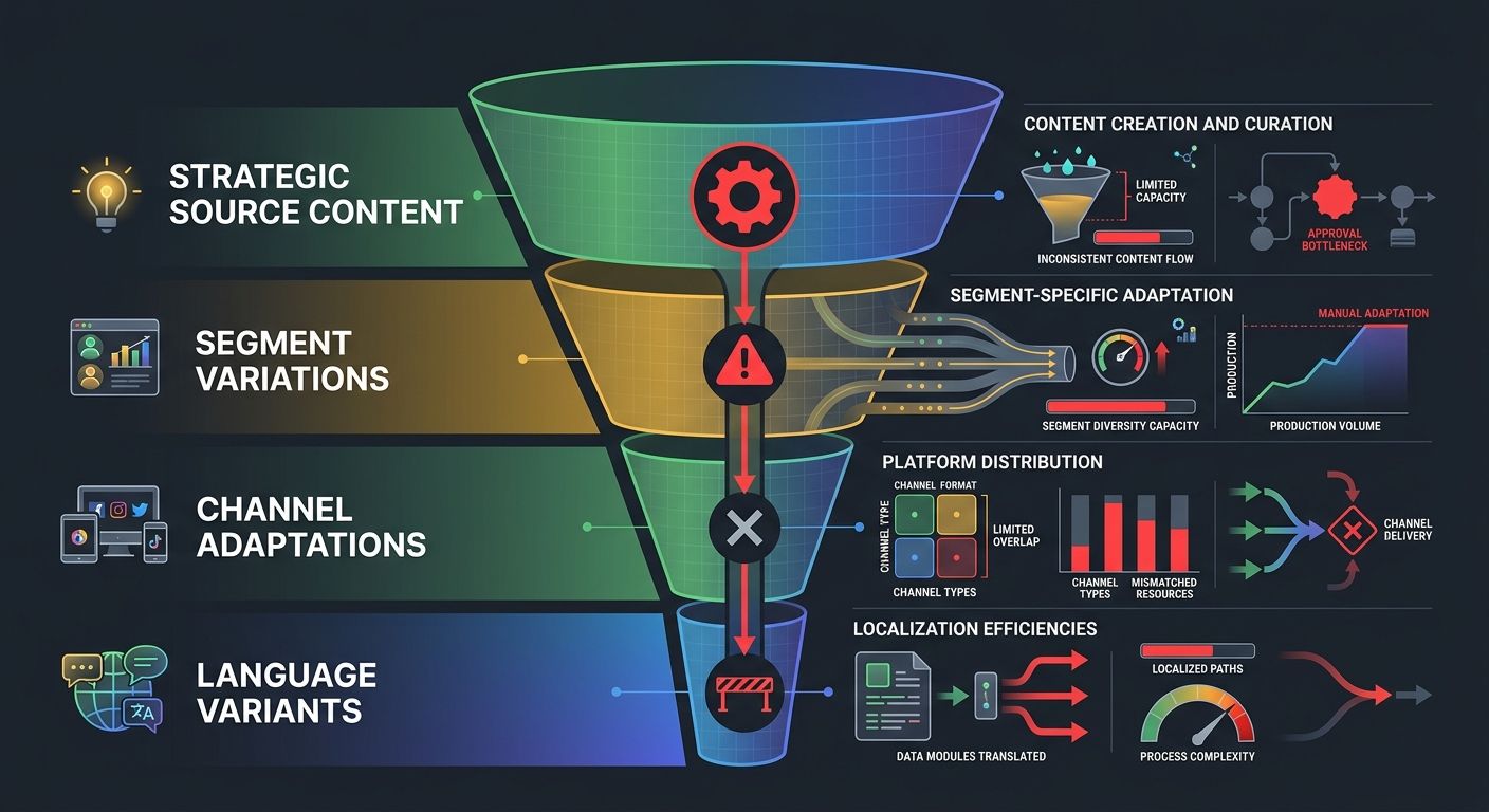 A funnel diagram showing the content personalization production pipeline, from strategic source content at the top narrowing down through segment variations, channel adaptations, and language variants