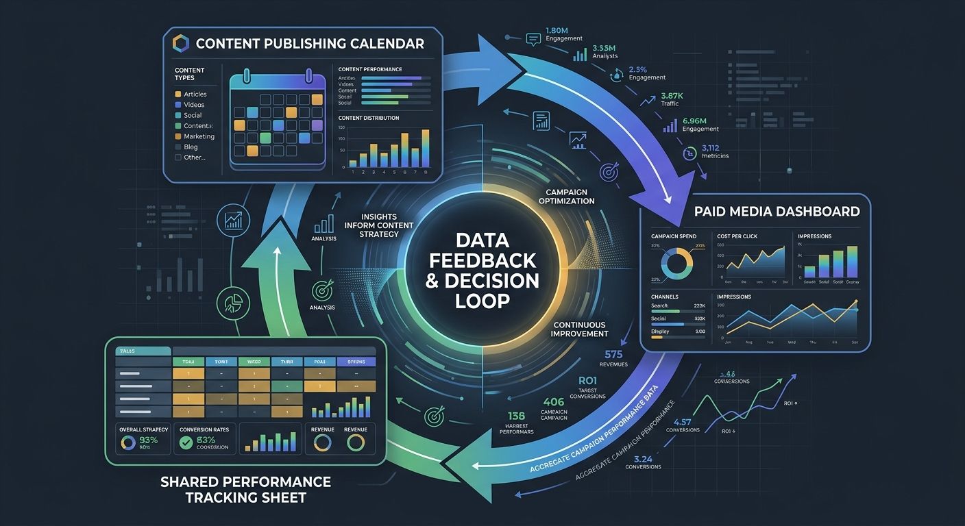 A diagram showing a feedback loop between content publishing calendar, paid media dashboard, and shared performance tracking sheet, with arrows indicating how data flows between the three and informs 