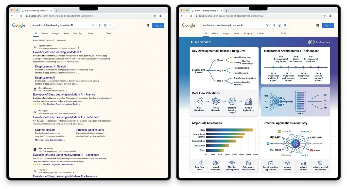 Side-by-side screenshot mockup showing a Google search results page with an AI Overview block occupying the full desktop viewport at 1200 pixels tall, with traditional organic blue links pushed entire