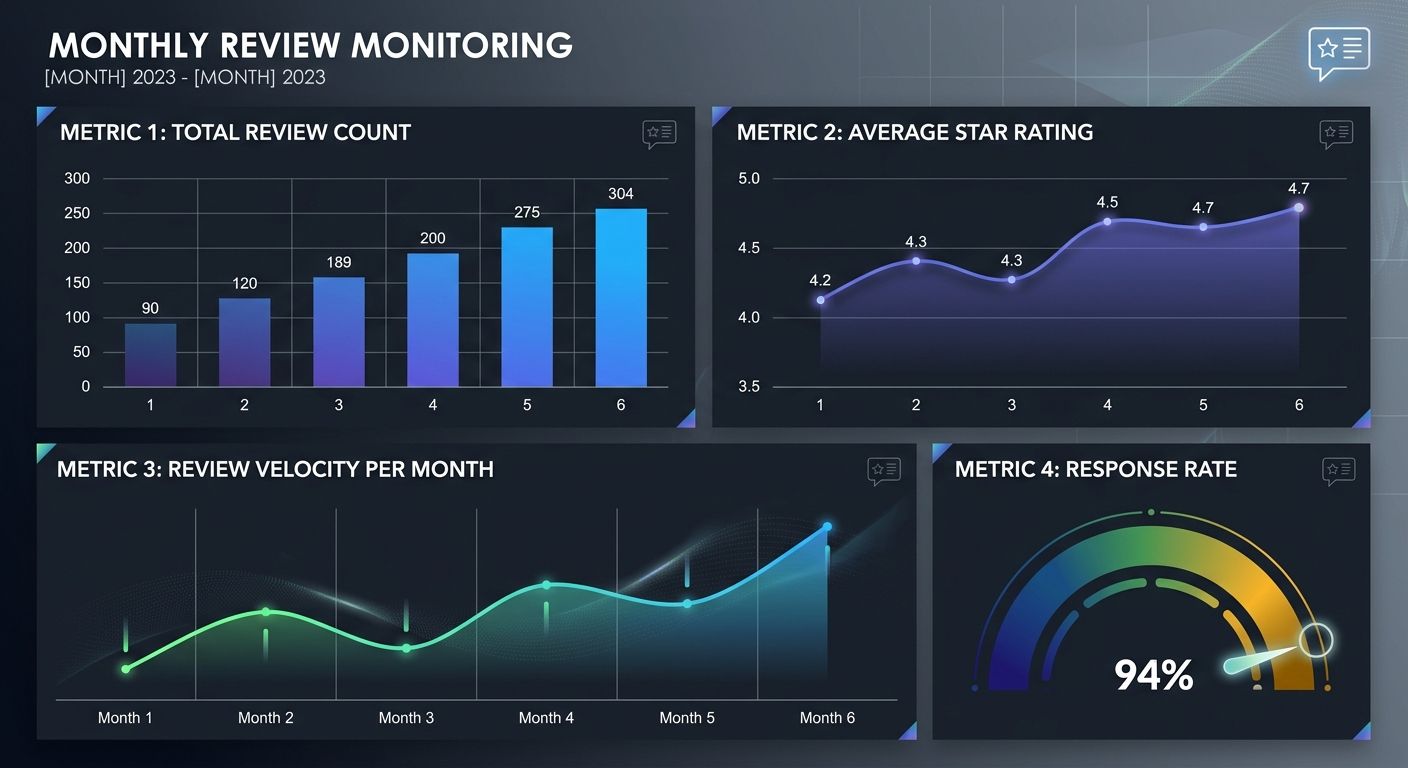A monthly review monitoring dashboard showing four key metrics tracked over 6 months: total review count (bar chart), average star rating (line graph), review velocity per month (trend line), and resp