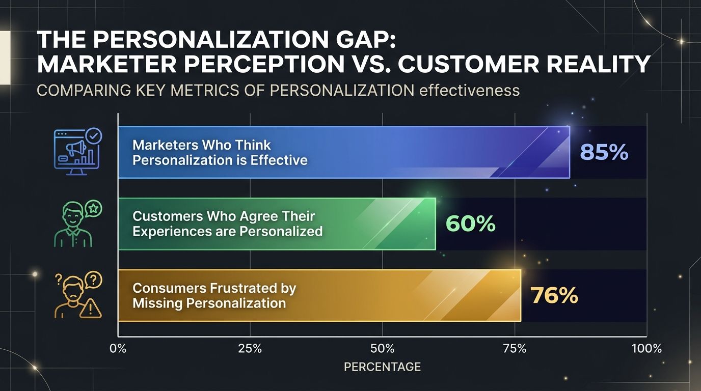 A horizontal bar chart comparing three metrics — percentage of marketers who think their personalization is effective (85%), percentage of customers who agree (60%), and percentage of consumers frustr