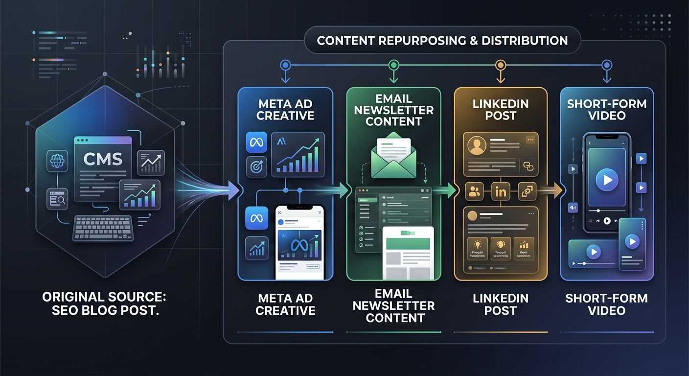 A workflow diagram showing how a single piece of content flows through multiple channels: starting as an SEO blog post, then repurposed into Meta ad creative, email newsletter content, LinkedIn post, 