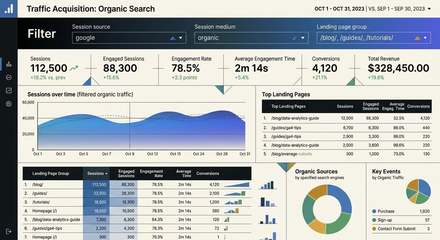 A GA4 dashboard screenshot showing organic traffic acquisition with filters applied for session source, medium, and landing page group segmentation