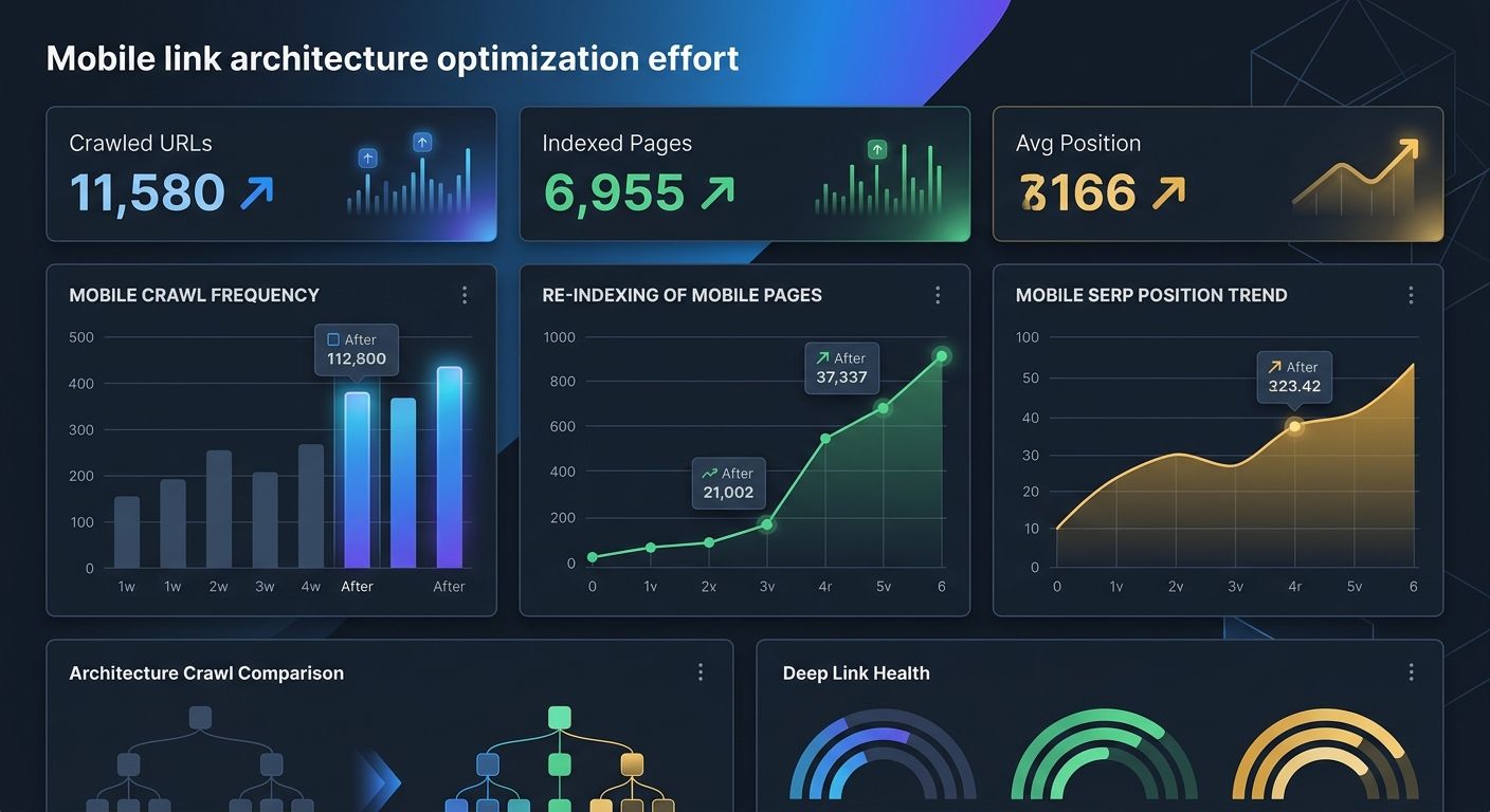 Dashboard mockup showing before-and-after metrics for a mobile link architecture fix, including graphs of crawl frequency increase, pages indexed growth, and average position improvement over a 6-week