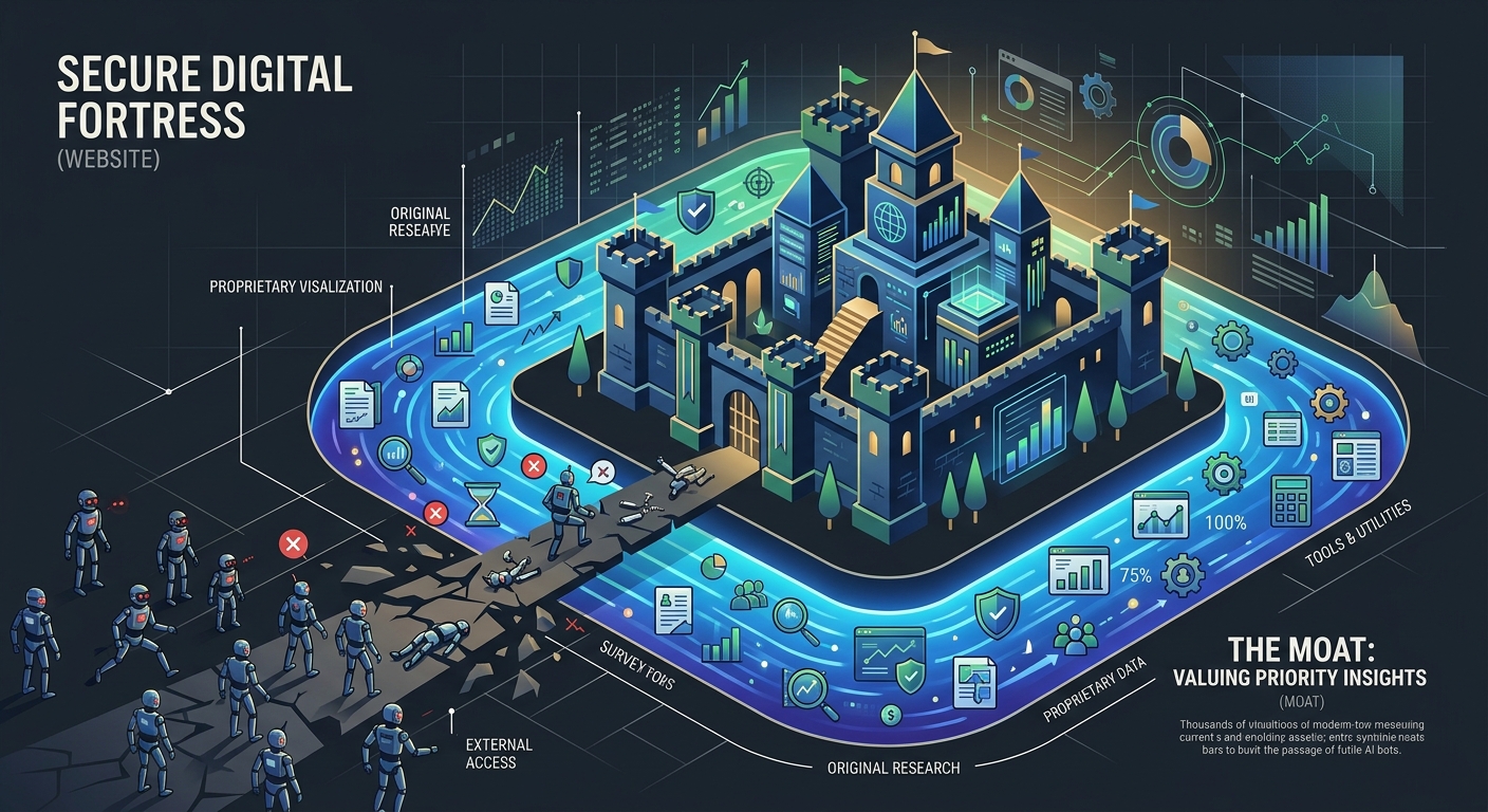 An illustrated castle-and-moat metaphor where the castle represents a brand's website, the moat is filled with icons representing original research, proprietary data, surveys, and tools, and AI bots a