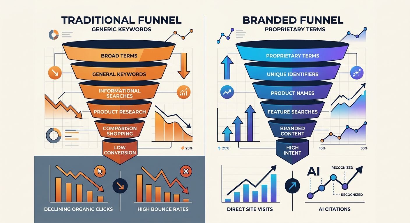 A diagram showing two keyword funnels side by side — a traditional funnel with generic keywords leading to declining organic clicks, and a branded funnel with proprietary terms leading to direct site 