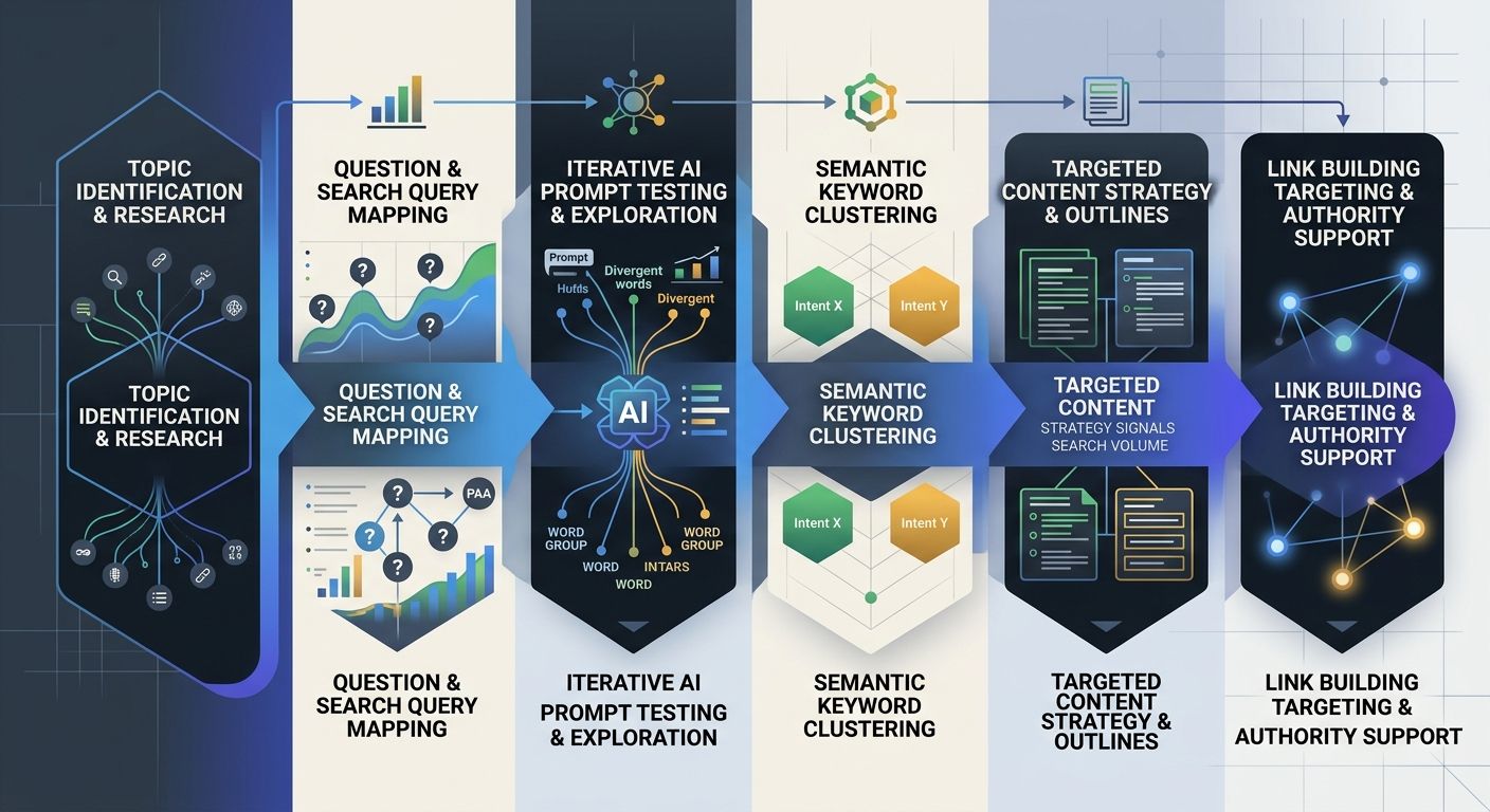 Flowchart showing the semantic keyword research process, from topic identification through question mapping, AI prompt testing, clustering, content creation, and link building targeting