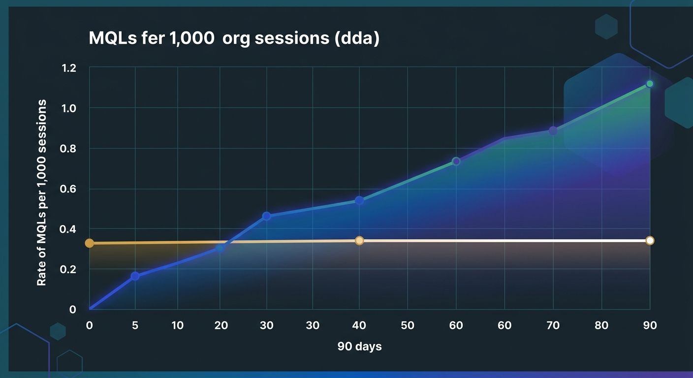 A line graph showing marketing-qualified leads per 1,000 organic sessions over 90 days, comparing matrix-prioritized content (upward trend) against volume-prioritized content (flat line)
