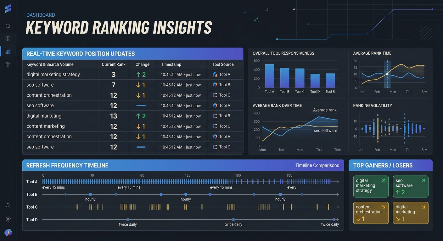 A dashboard mockup showing real-time keyword position updates with timestamps, arrows indicating position changes, and a timeline showing refresh frequency compared across different rank tracking tool