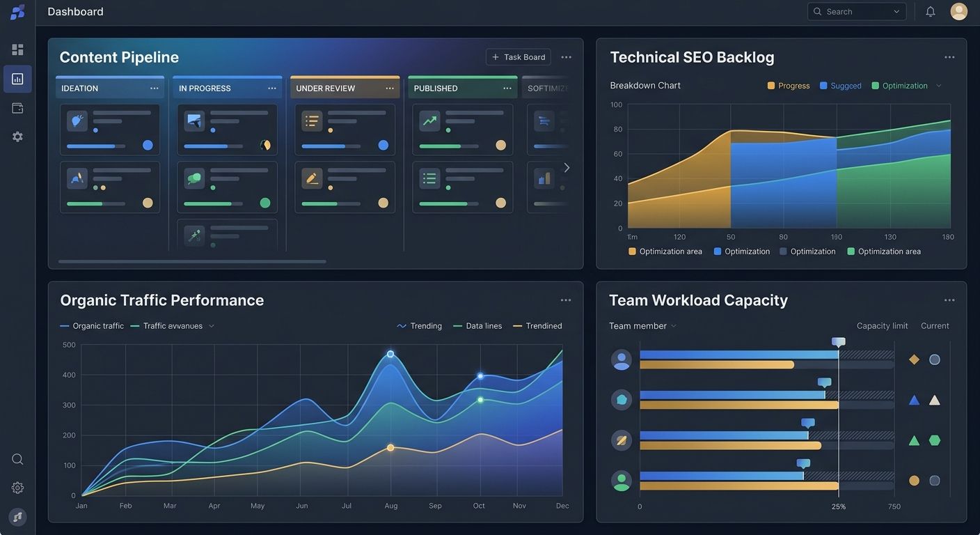 A mock dashboard interface showing four panels - content pipeline kanban board, technical SEO backlog chart, organic traffic graph, and team workload capacity bars - all in a unified view