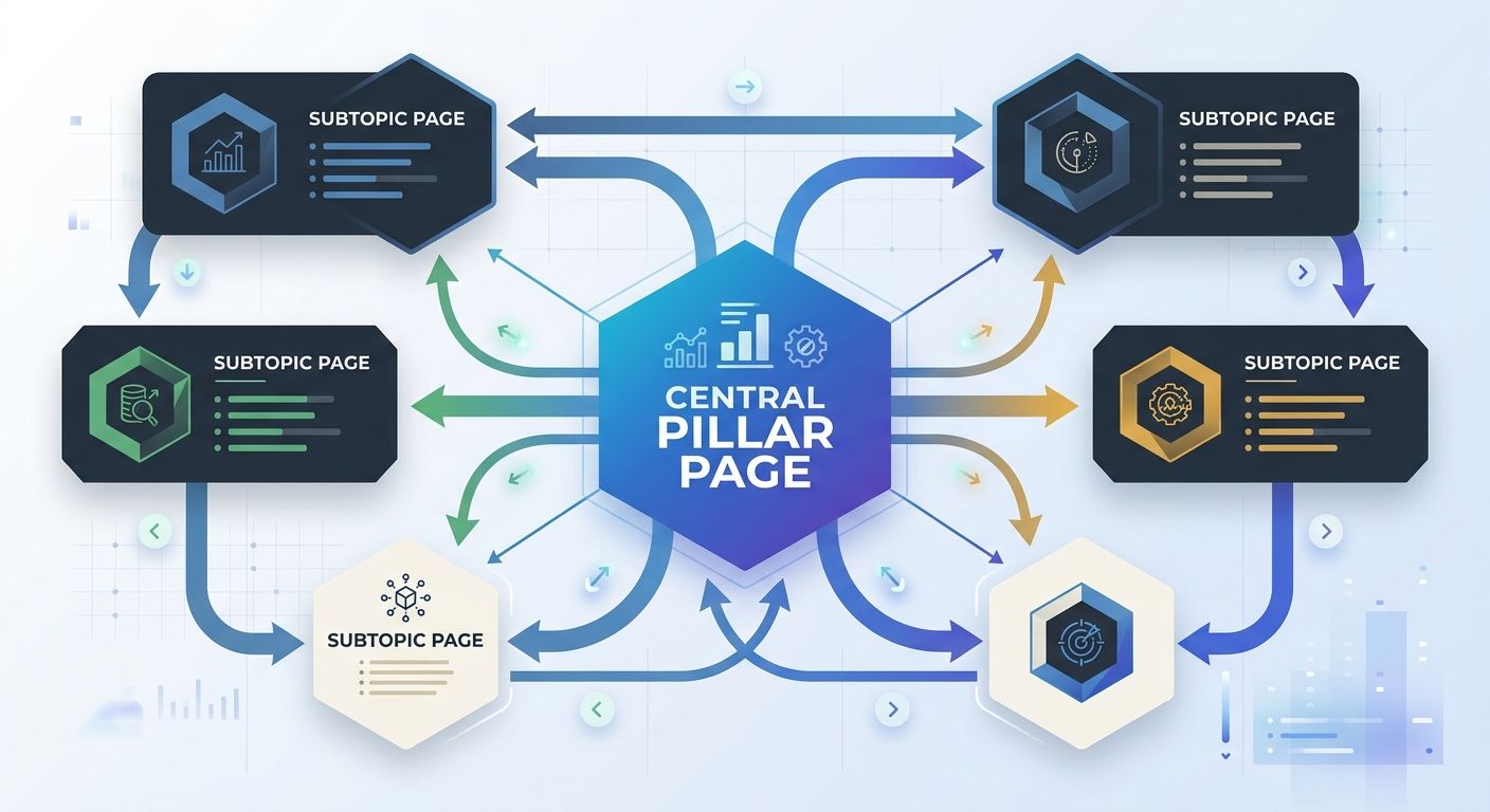 Visual representation of a topic cluster with a central pillar page connected to 6 subtopic pages, showing multiple cross-linking pathways between subtopics, with arrows indicating link equity flow th