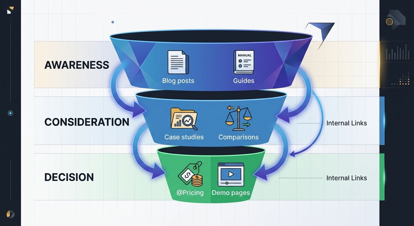A funnel diagram showing three stages — Awareness (blog posts, guides), Consideration (case studies, comparisons), and Decision (pricing, demo pages) — with arrows representing internal links connecti
