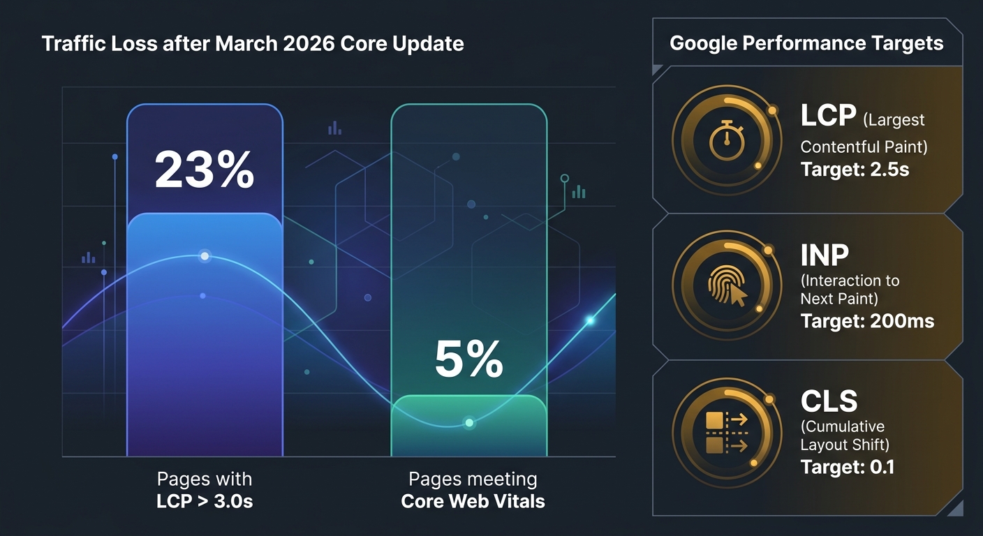 A bar chart comparing traffic loss percentages after the March 2026 core update, showing pages with LCP above 3 seconds losing 23% more traffic, alongside Google's target thresholds for LCP (2.5s), IN