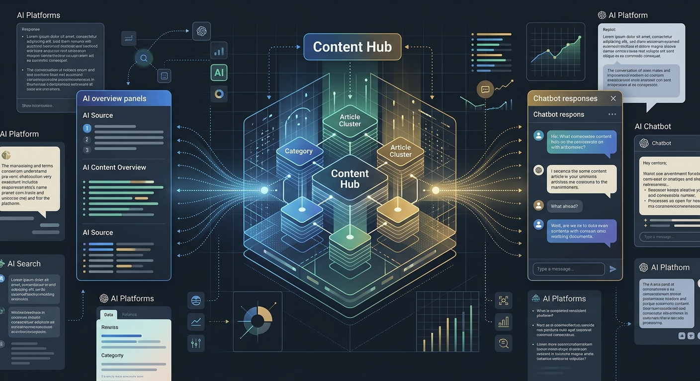 A conceptual illustration showing a content hub being referenced by multiple AI search interfaces, with dotted lines from cluster articles feeding into AI overview panels and chatbot responses