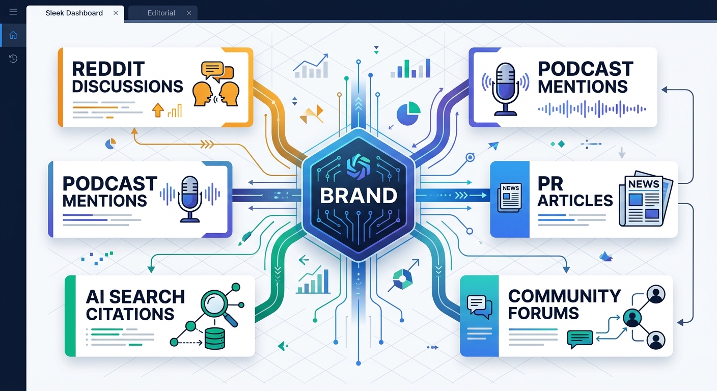 Illustration showing a brand at the center of a web connecting to various visibility channels including Reddit discussions, podcast mentions, PR articles, AI search citations, and community forums, de