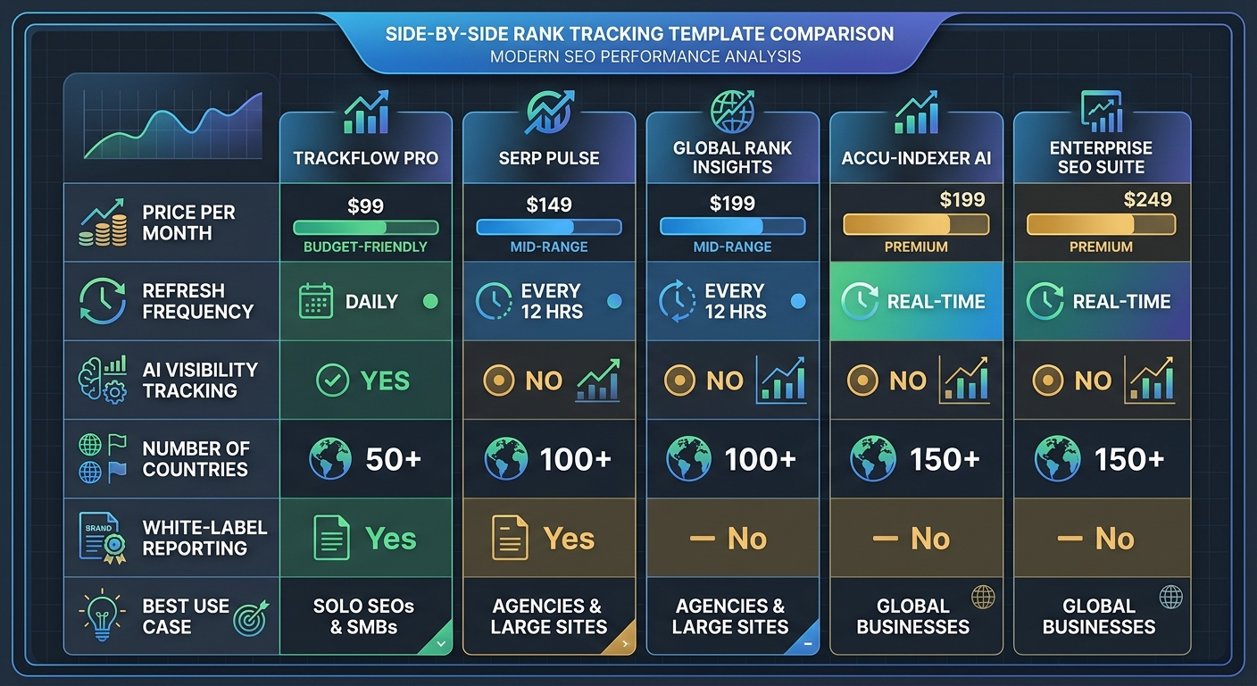 An infographic comparing five rank tracking tools side by side across six criteria: price per month, refresh frequency, AI visibility tracking, number of countries supported, white-label reporting, an