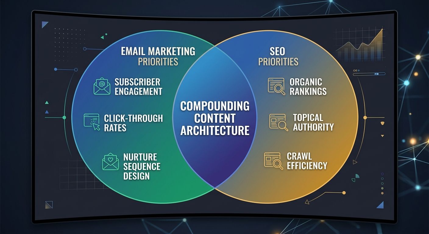 A Venn diagram showing the overlap between email marketing priorities (subscriber engagement, click-through rates, nurture sequence design) and SEO priorities (organic rankings, topical authority, cra