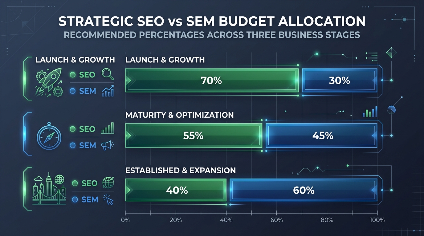 A horizontal bar chart showing three business stages with their recommended SEO vs SEM budget allocation percentages, color-coded with green for SEO and blue for SEM