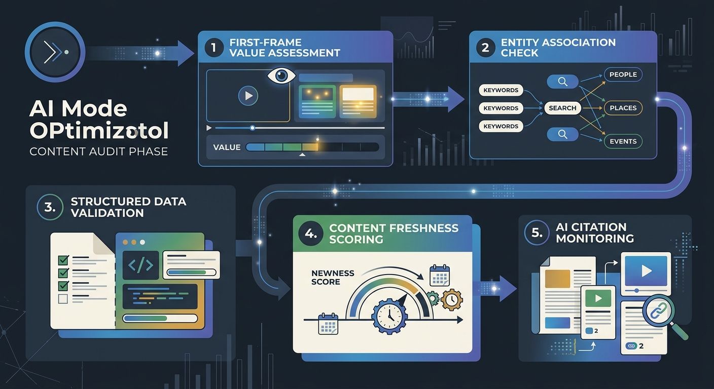 A flowchart showing a content audit process for AI Mode optimization with steps including first-frame value assessment, entity association check, structured data validation, content freshness scoring,