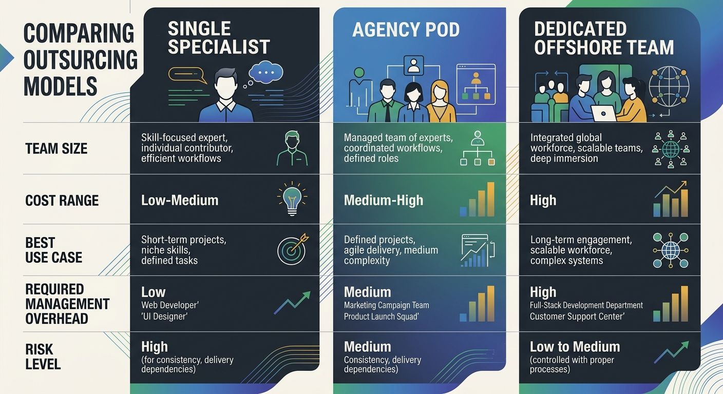 An infographic showing three outsourcing models side by side - Single Specialist, Agency Pod, and Dedicated Offshore Team - with columns for team size, cost range, best use case, required management o