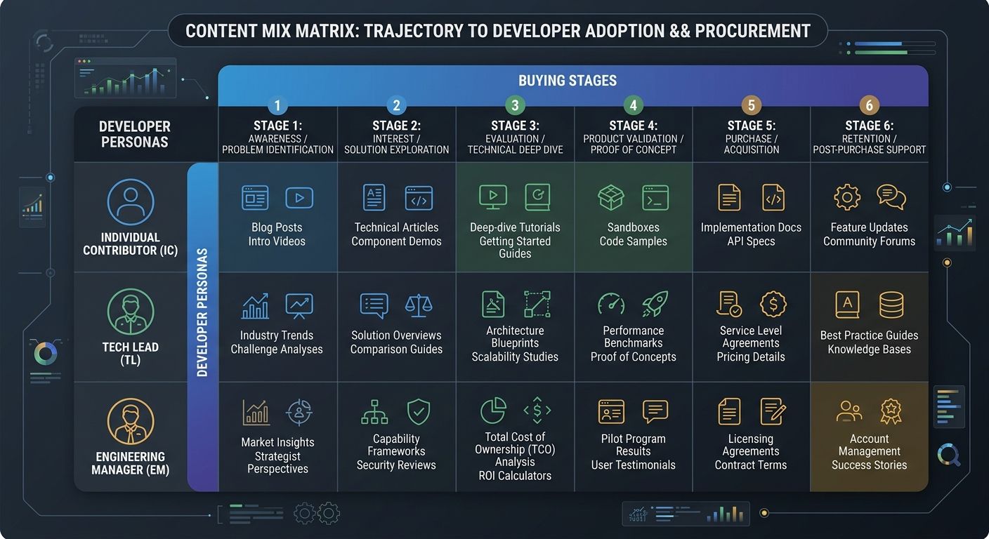 Infographic showing a content mix matrix with developer personas (IC, Tech Lead, Engineering Manager) on one axis and buying stages (1-6) on the other axis, with specific content types filled into eac