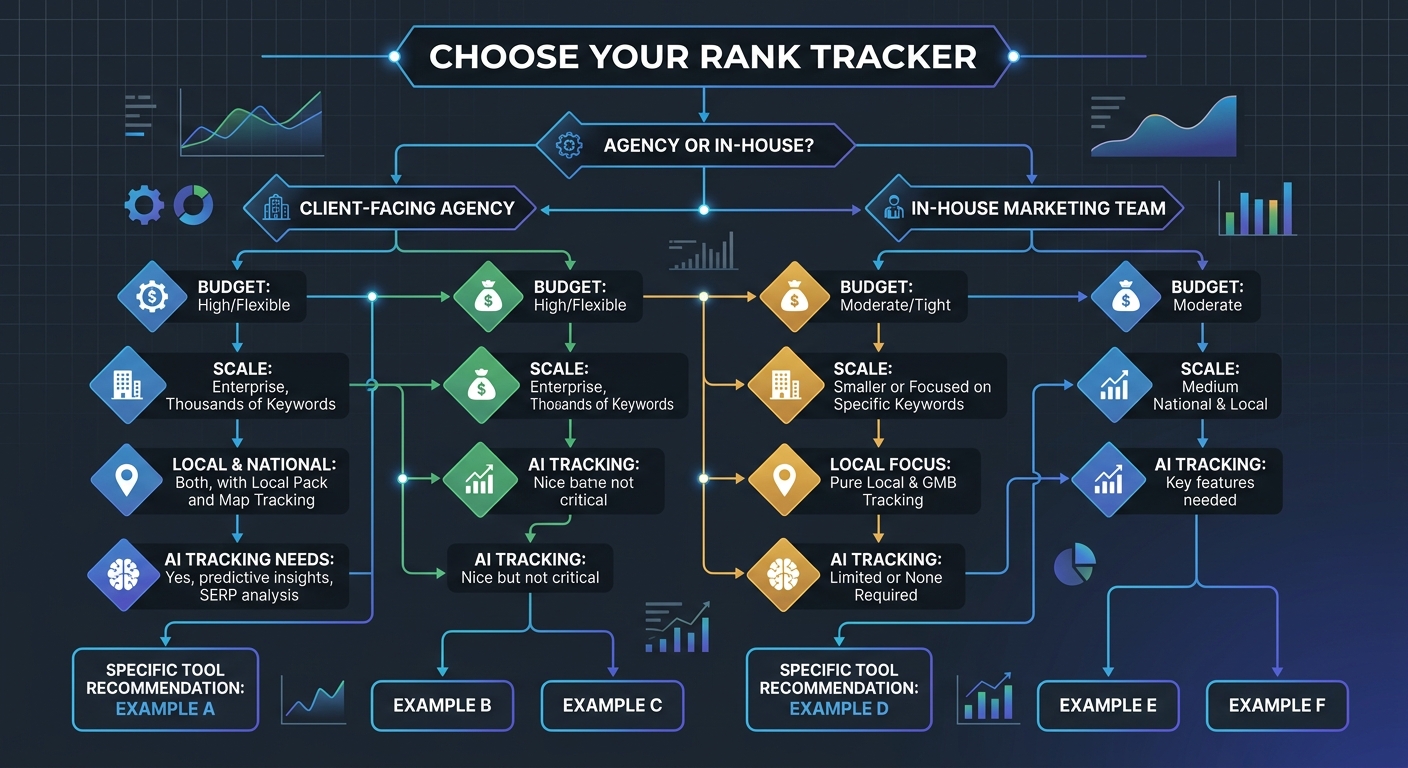 A flowchart decision tree helping users choose a rank tracker, starting with "Agency or In-House?" branching to budget, scale, local vs. national, and AI tracking needs, ending with specific tool reco