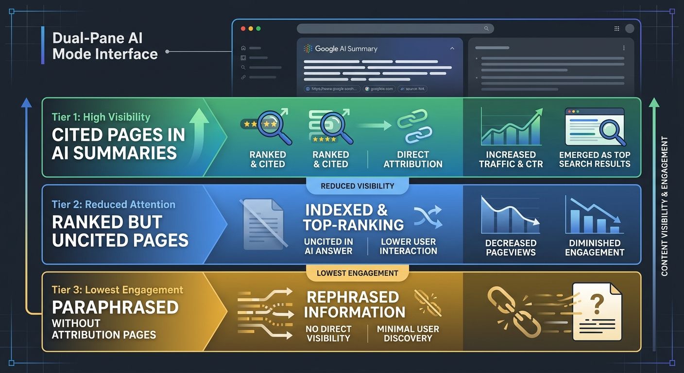 An infographic showing three tiers of content visibility in Google's dual-pane AI Mode: Tier 1 showing pages cited in AI summaries with high visibility, Tier 2 showing pages ranked but uncited with re