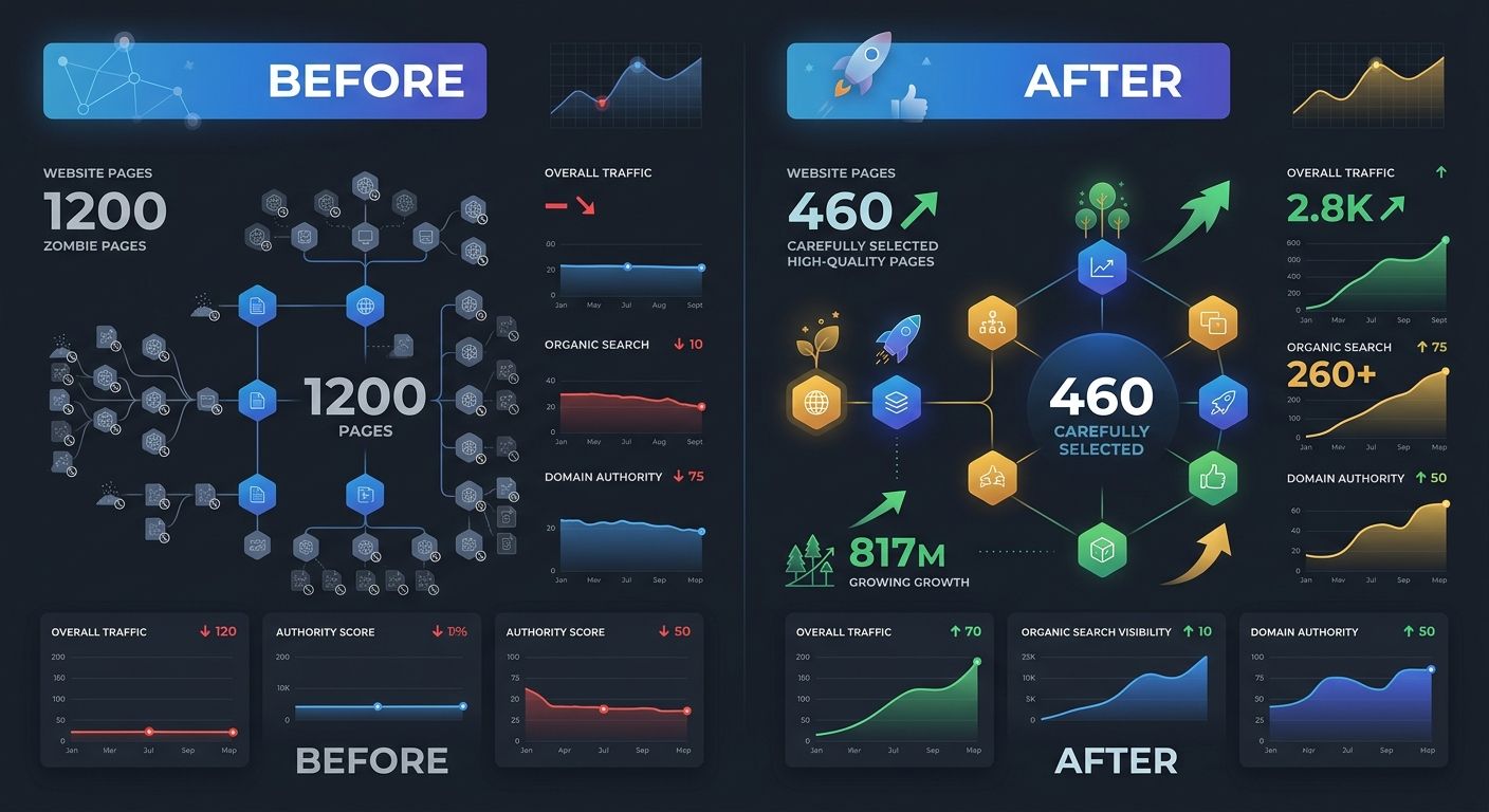 A before-and-after comparison showing a website with 1200 pages including many zombie pages on the left, and the same site pruned to 460 high-quality pages on the right, with metrics showing improved 