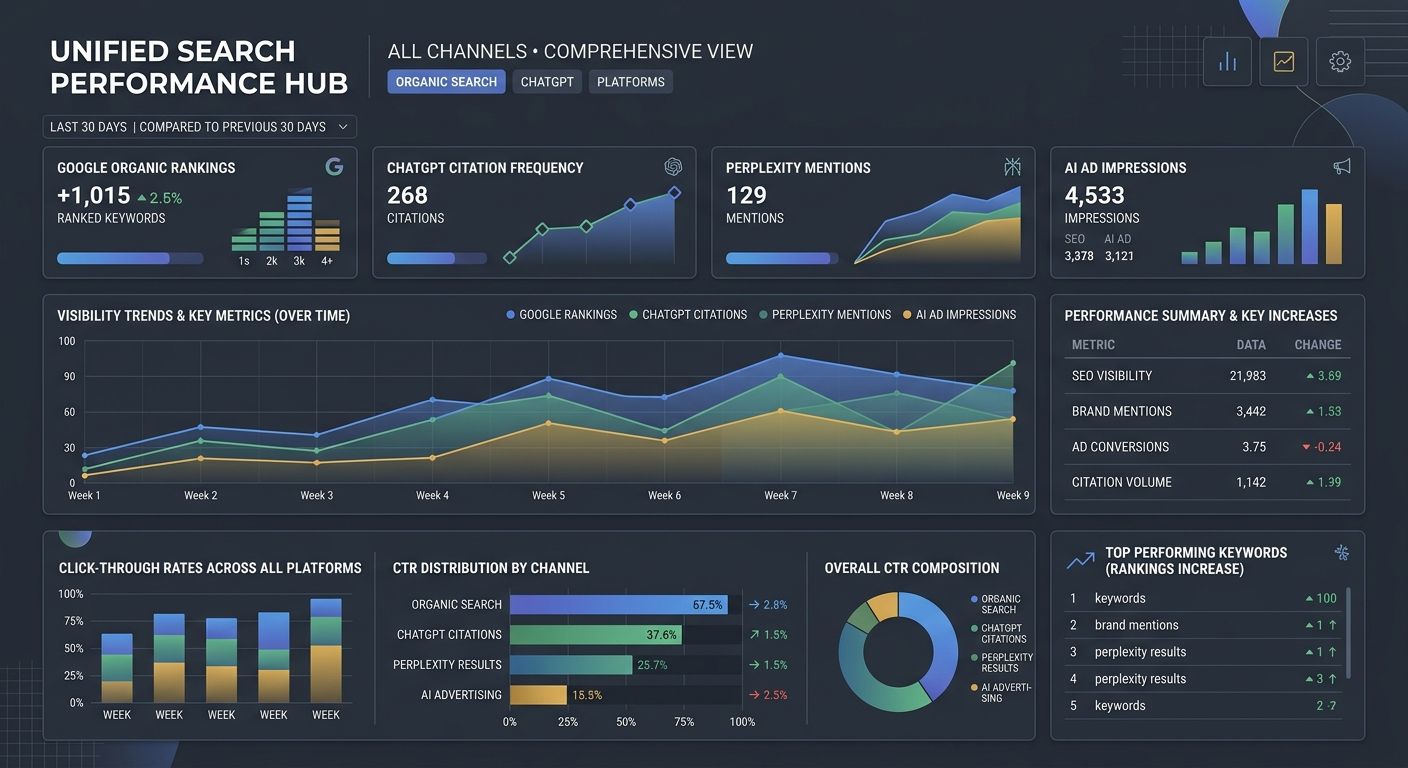 A dashboard mockup showing unified search performance metrics including Google organic rankings, ChatGPT citation frequency, Perplexity mentions, AI ad impressions, and click-through rates across all 