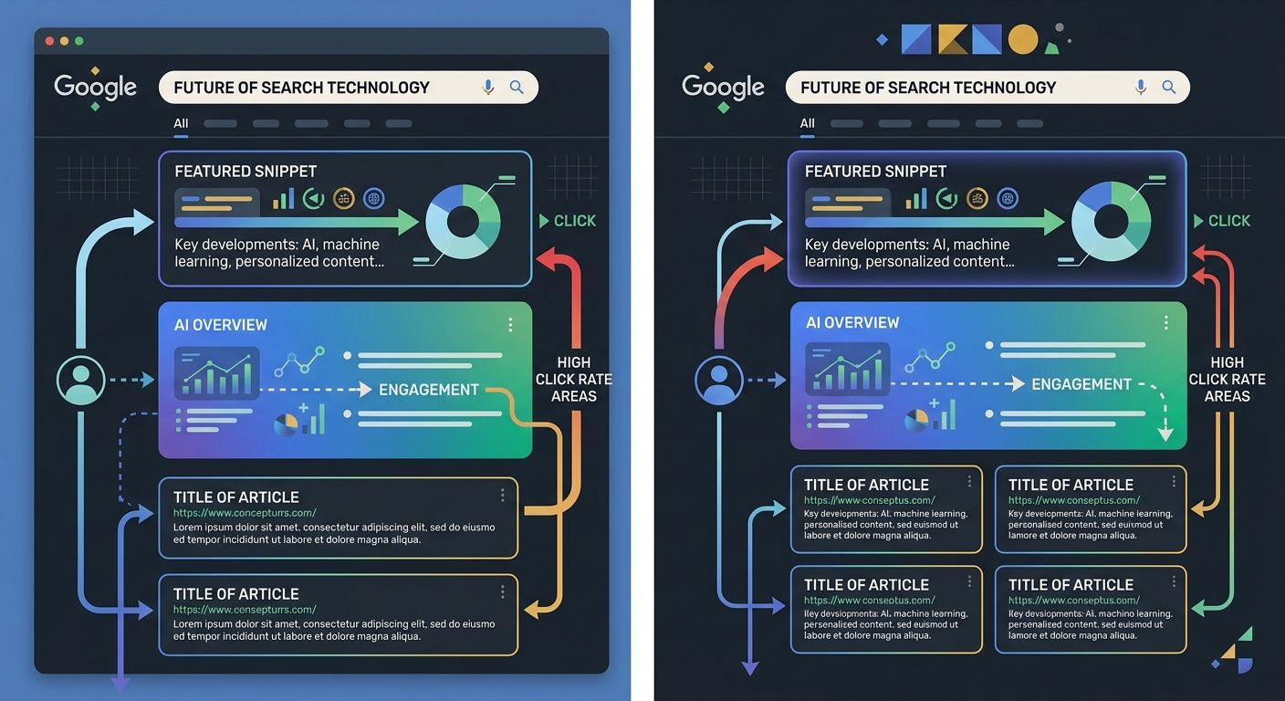 A screenshot-style illustration showing a Google search result with a featured snippet box at the top, AI Overview panel, and traditional organic results below, with arrows indicating which elements g