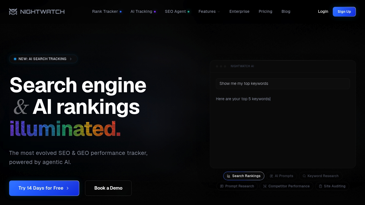 Nightwatch rank tracking platform showing local SEO and geo-grid tracking features