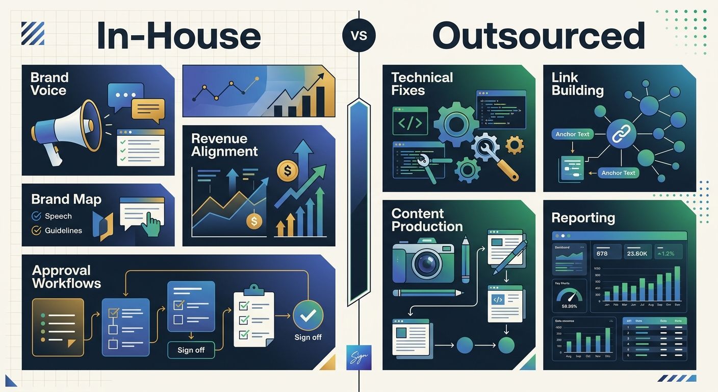 A split diagram showing a strategy layer on the left labeled "In-House" with items like brand voice, revenue alignment, and approval workflows, and an execution layer on the right labeled "Outsourced"
