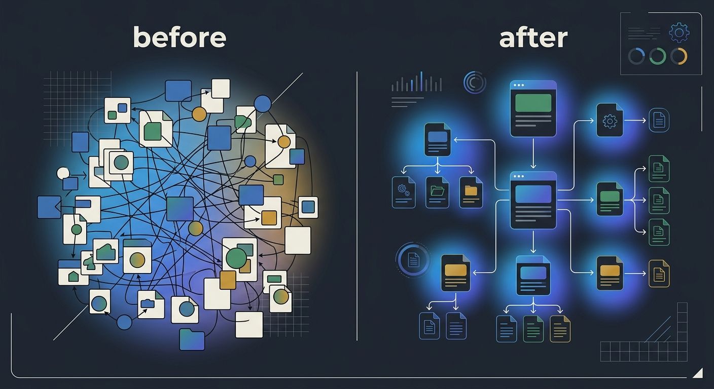 A before-and-after site map showing a tangled cluster with redundant pages and crossed internal links on the left side, and a clean organized cluster with consolidated pages and clear directional link