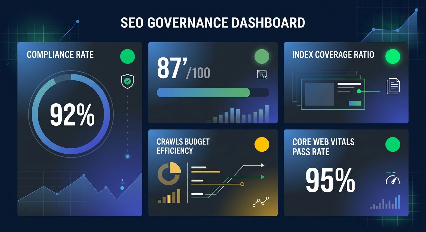 An infographic showing a sample SEO governance dashboard with five key metrics: Compliance Rate (92%), Technical Health Score (87/100), Index Coverage Ratio, Crawl Budget Efficiency, and Core Web Vita