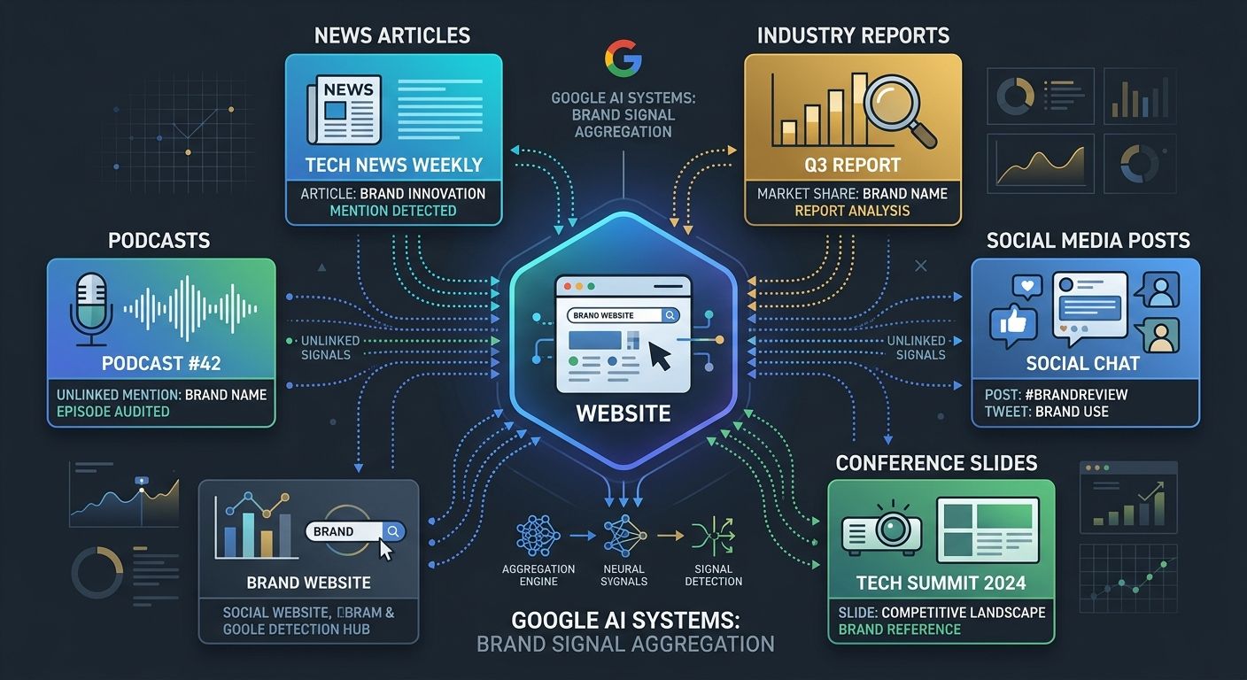 An illustration showing multiple digital channels (podcasts, news articles, industry reports, social media posts, conference slides) with dotted lines connecting unlinked brand mentions back to a cent