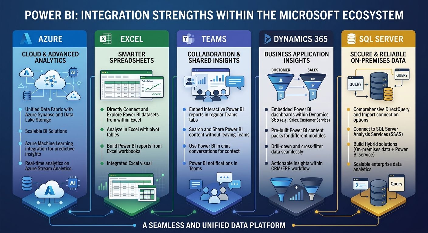 A comparison chart showing Power BI's integration strengths within the Microsoft ecosystem including Azure, Excel, Teams, Dynamics 365, and SQL Server connections