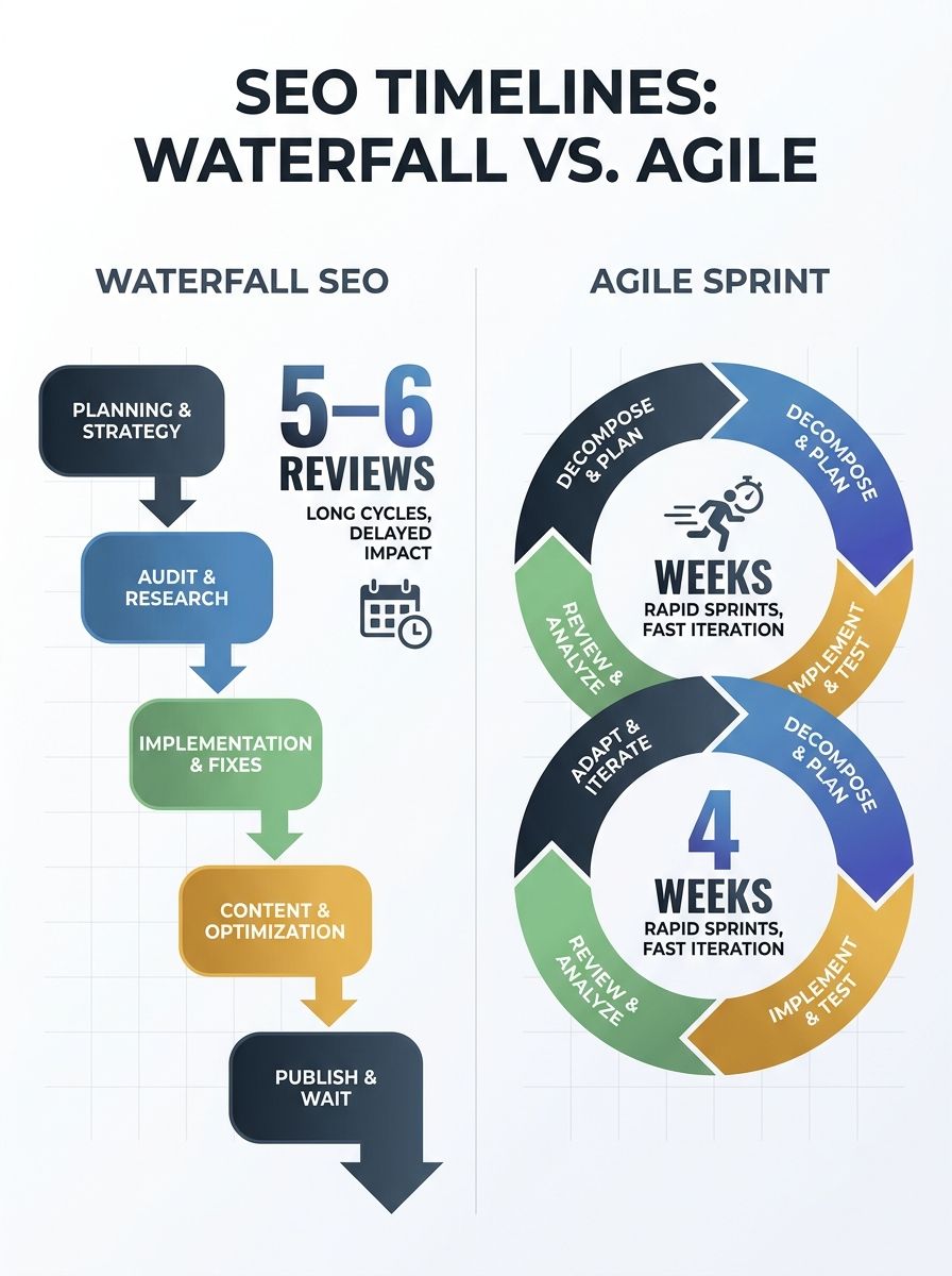 A side-by-side comparison diagram showing the traditional waterfall SEO timeline spanning 5-6 months versus an agile sprint cycle completing in 4 weeks, with labeled phases for each approach