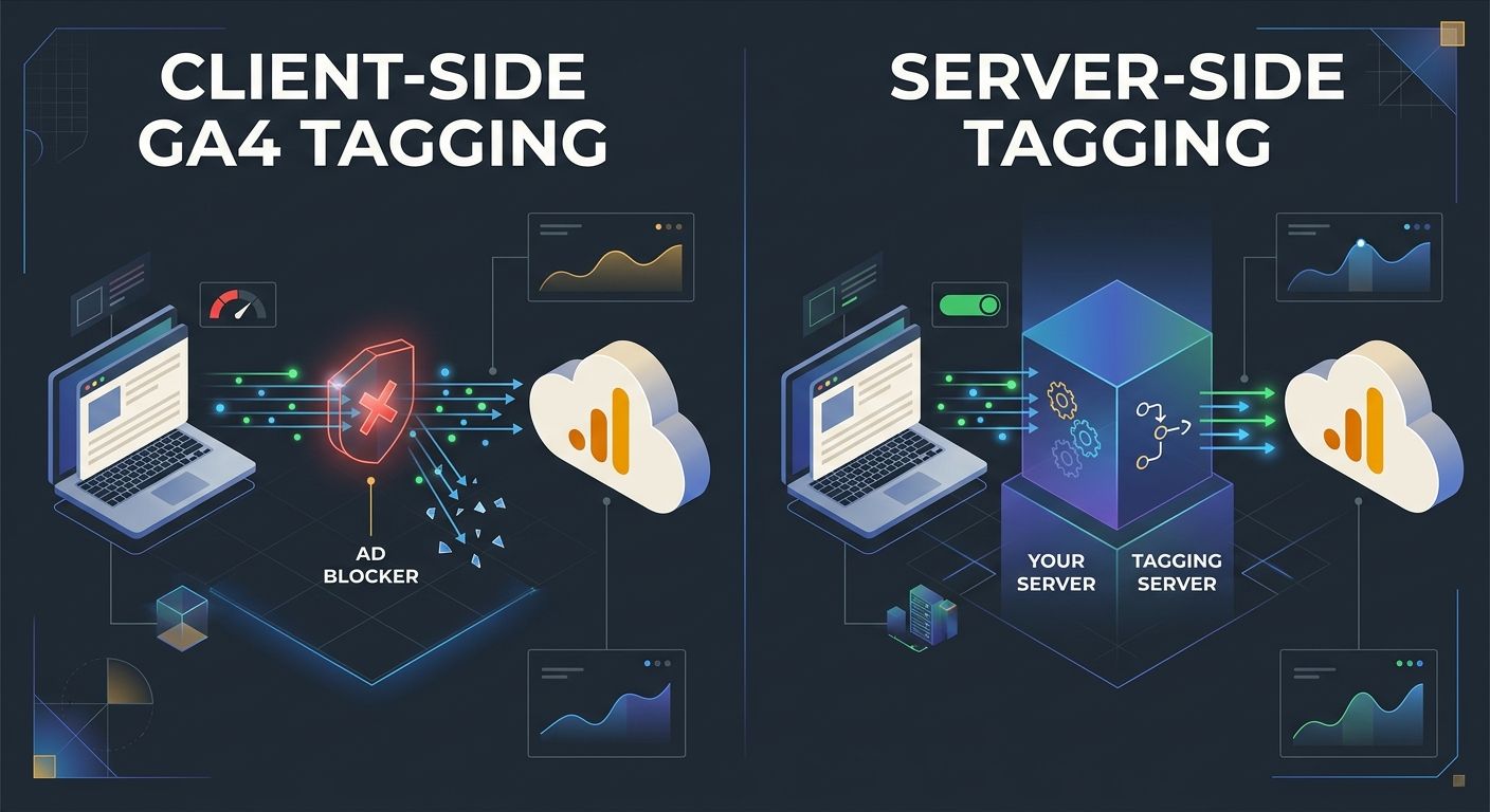 A side-by-side diagram comparing client-side GA4 tagging (browser sends data directly to GA4, ad blocker can intercept) versus server-side tagging (browser sends data to your server, server forwards t