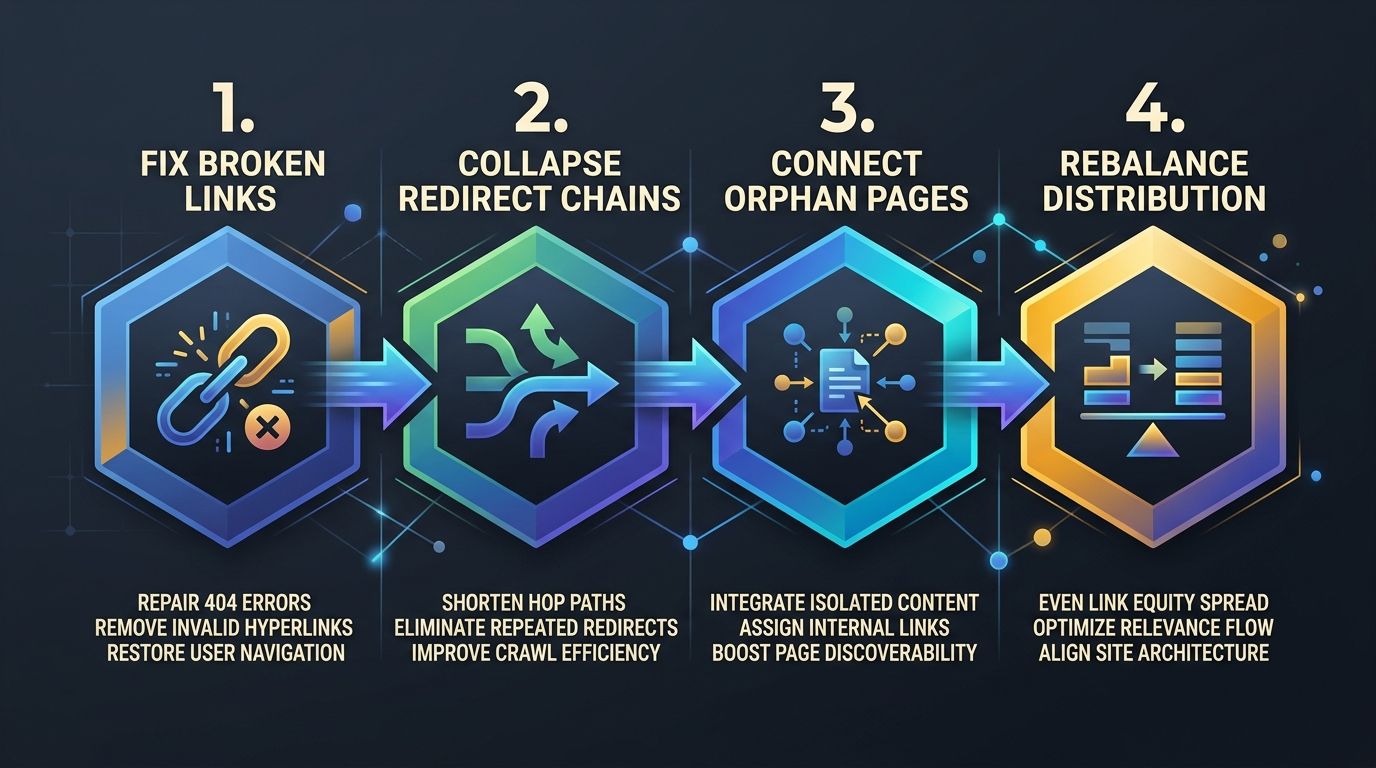 four-step remediation flowchart moving left to right, showing Fix Broken Links, then Collapse Redirect Chains, then Connect Orphan Pages, then Rebalance Distribution, with arrows connecting each step