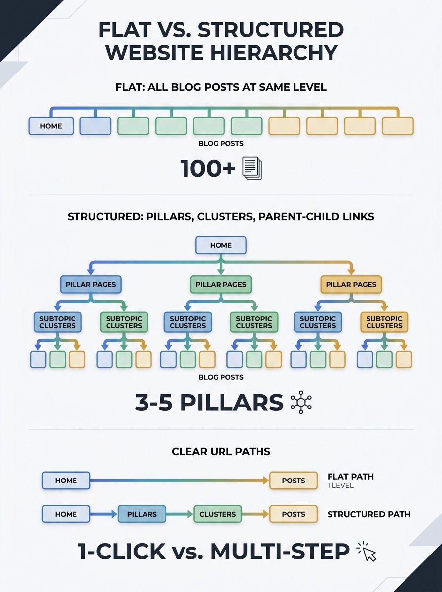 A visual diagram showing a flat website hierarchy where all blog posts sit at the same level versus a structured hierarchy with pillar pages, subtopic clusters, and clear parent-child relationships be