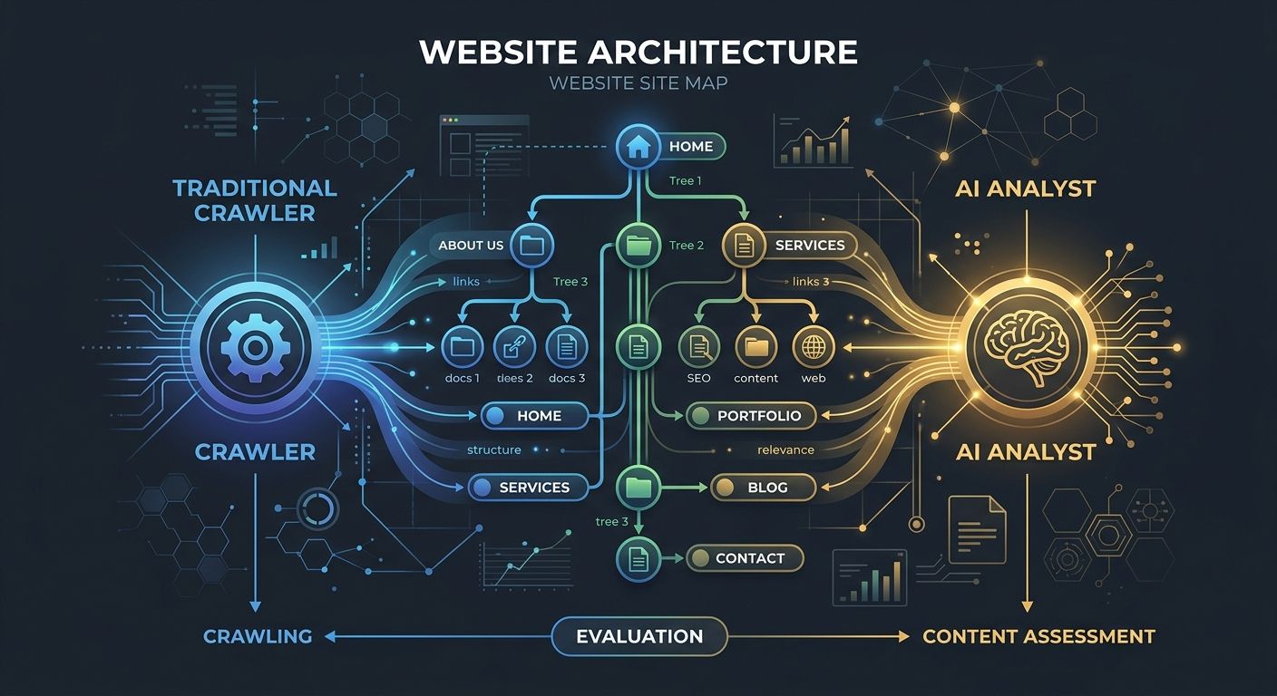 A conceptual illustration showing a website's hierarchical architecture being simultaneously evaluated by a traditional search engine crawler icon and an AI brain icon, both accessing the same content