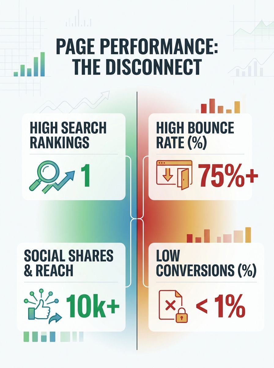 A split-screen comparison showing a page with high search rankings and social shares on the left side, but high bounce rate and low conversions on the right side, illustrated with contrasting green an