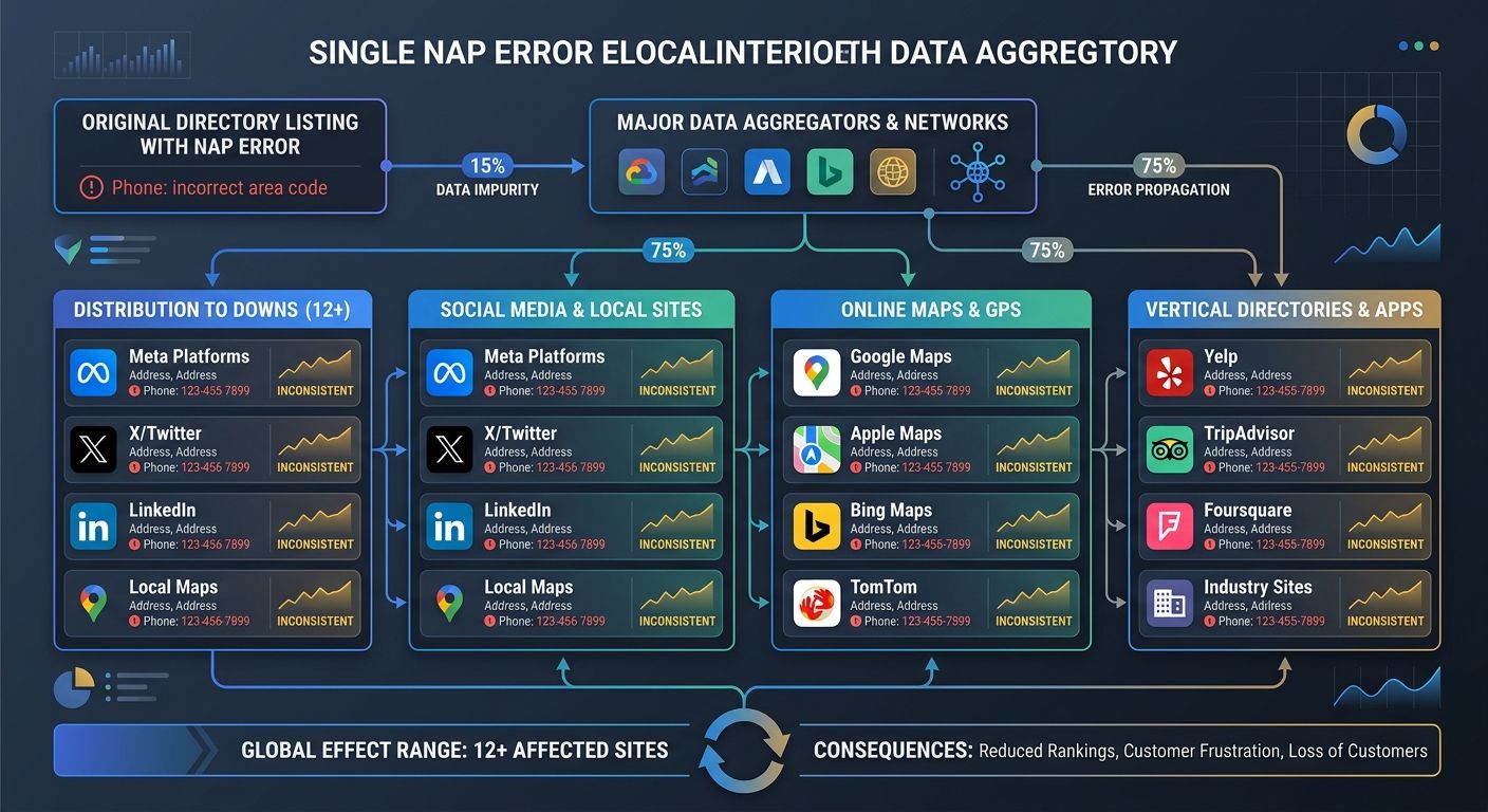 infographic showing how a single NAP error in one directory propagates through data aggregators to create inconsistencies across 12 or more downstream listings, with percentage impact labels at each s