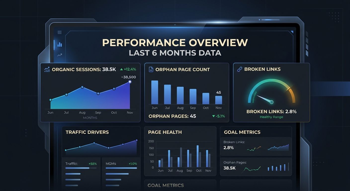 dashboard mockup showing five key metrics tracked over a six-month period, with line charts for organic sessions, bar charts for orphan page counts, and a gauge for broken link percentage