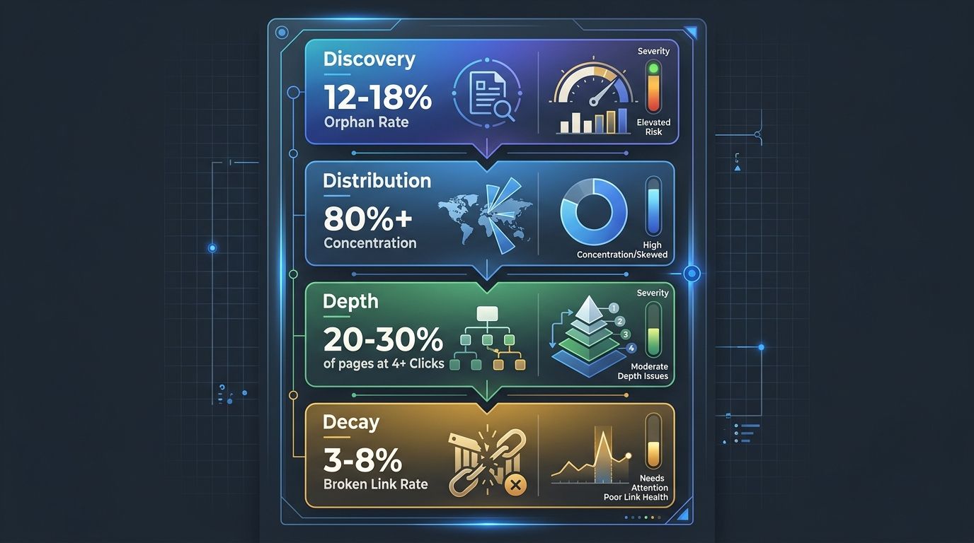 infographic showing the four audit layers in a vertical flow, with Discovery at top showing 12-18% orphan rate, Distribution showing 80%+ concentration, Depth showing 20-30% of pages at 4+ clicks, and