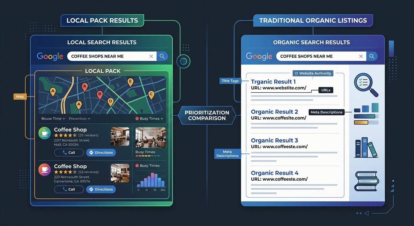 Side-by-side comparison of a local search results page showing Google Local Pack results versus a traditional organic listing, highlighting how Google prioritizes different content formats for local q