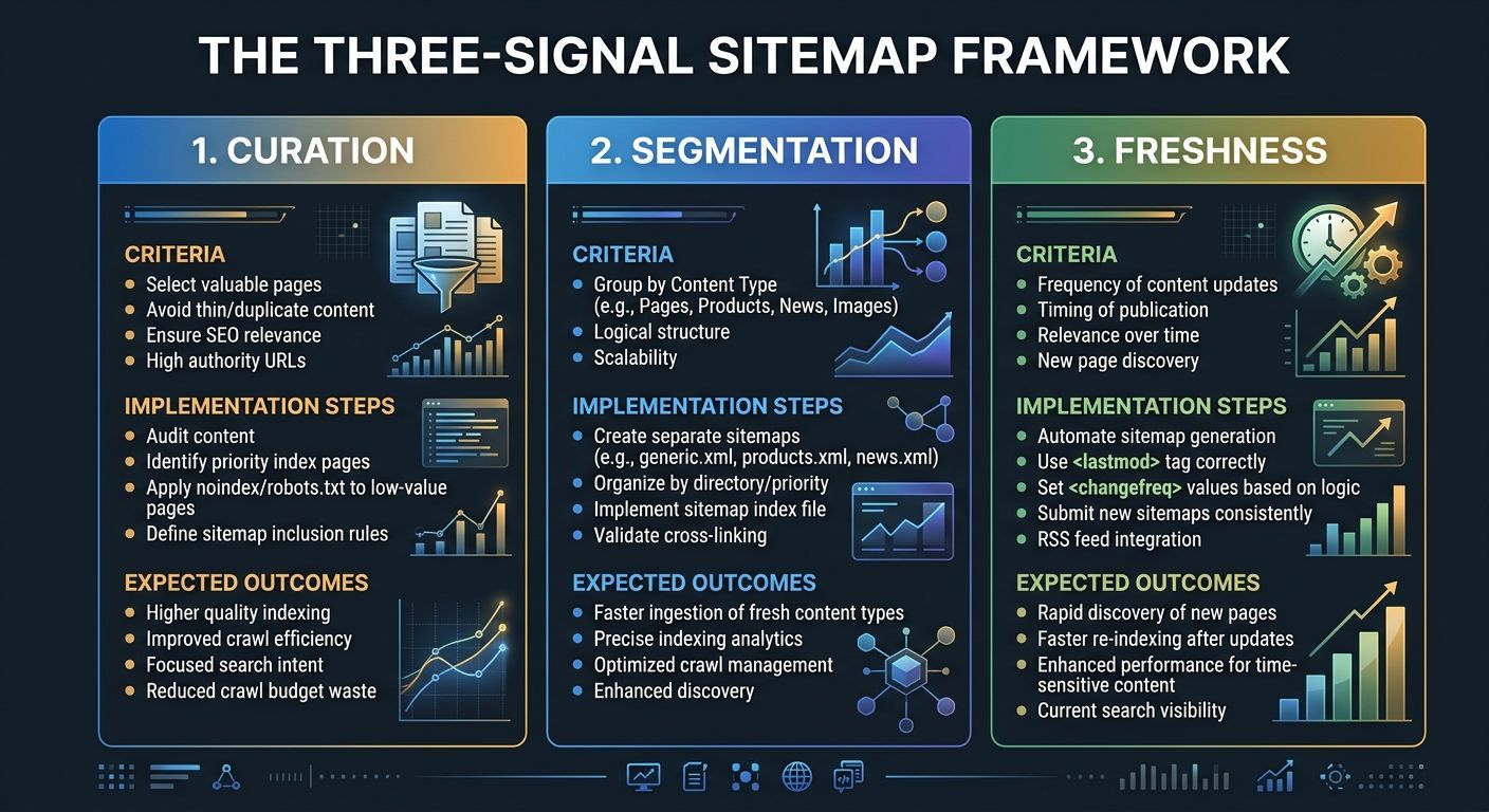 An infographic showing the Three-Signal Sitemap Framework with three columns labeled Curation, Segmentation, and Freshness, each containing specific criteria, implementation steps, and expected outcom