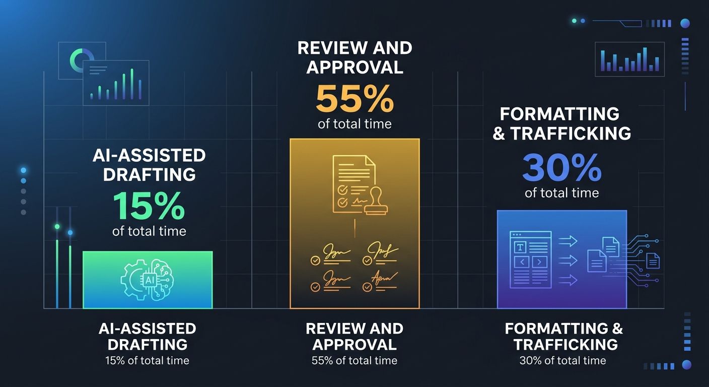 A bar chart comparing time allocation in content production—showing AI-assisted drafting taking 15% of total time while review and approval processes consume 55%, with formatting and trafficking makin